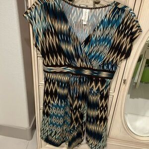 Per Seption Concept Cap Sleeve V Neck Dress Size M Brown and Turquoise